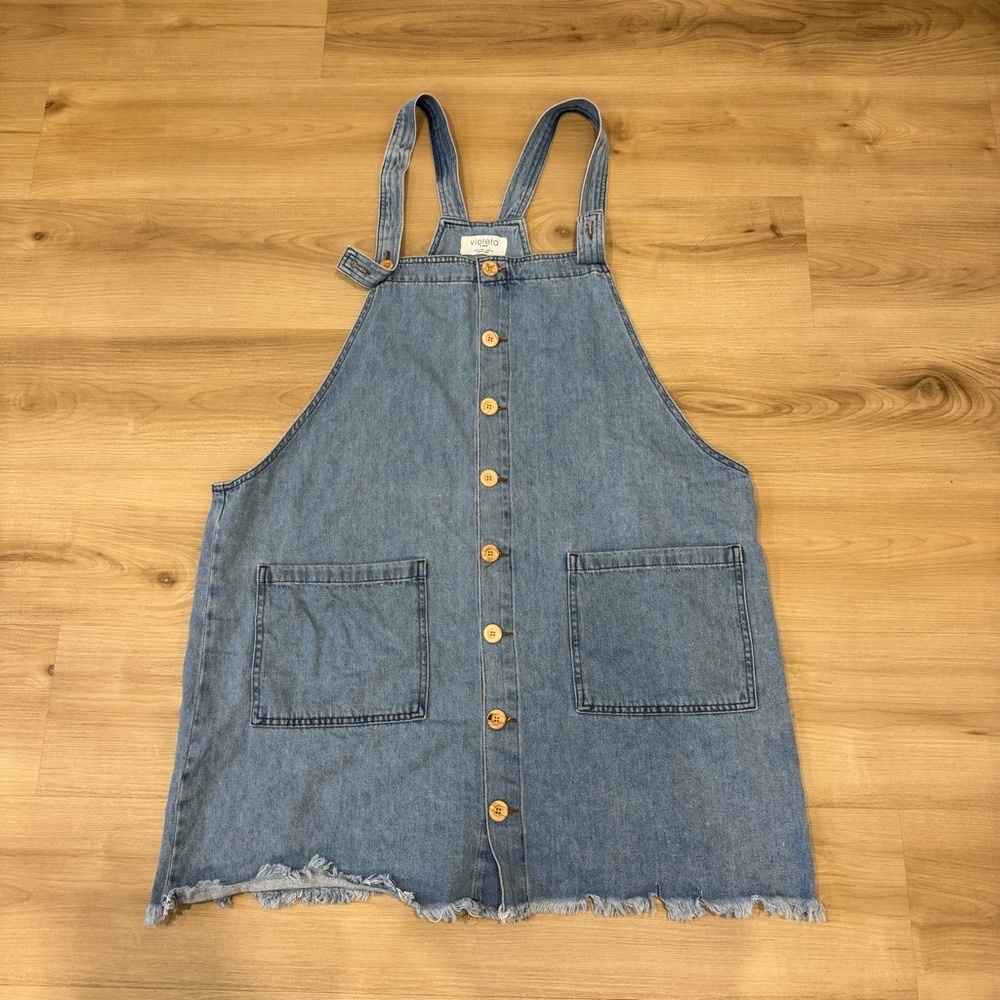 Women’s Mango Violeta Blue Denim Dress in XL with frayed bottom, cork buttons